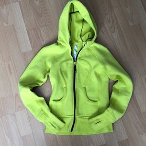 Neon green Lululemon scuba hoodie.